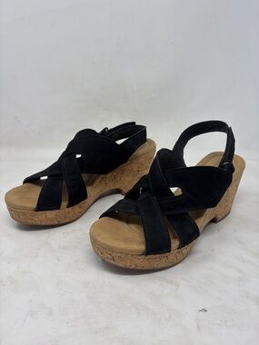 Clarks Black Suede Cork Wedge Sandals